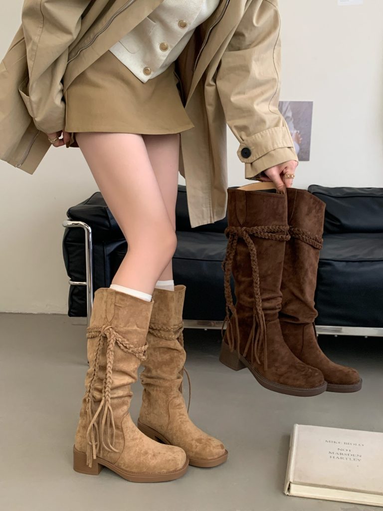 2025 New Retro Maillard High Heel Mid Calf Boots for Women Summer Wasteland Style Short Boots with Tassel Rope Suede