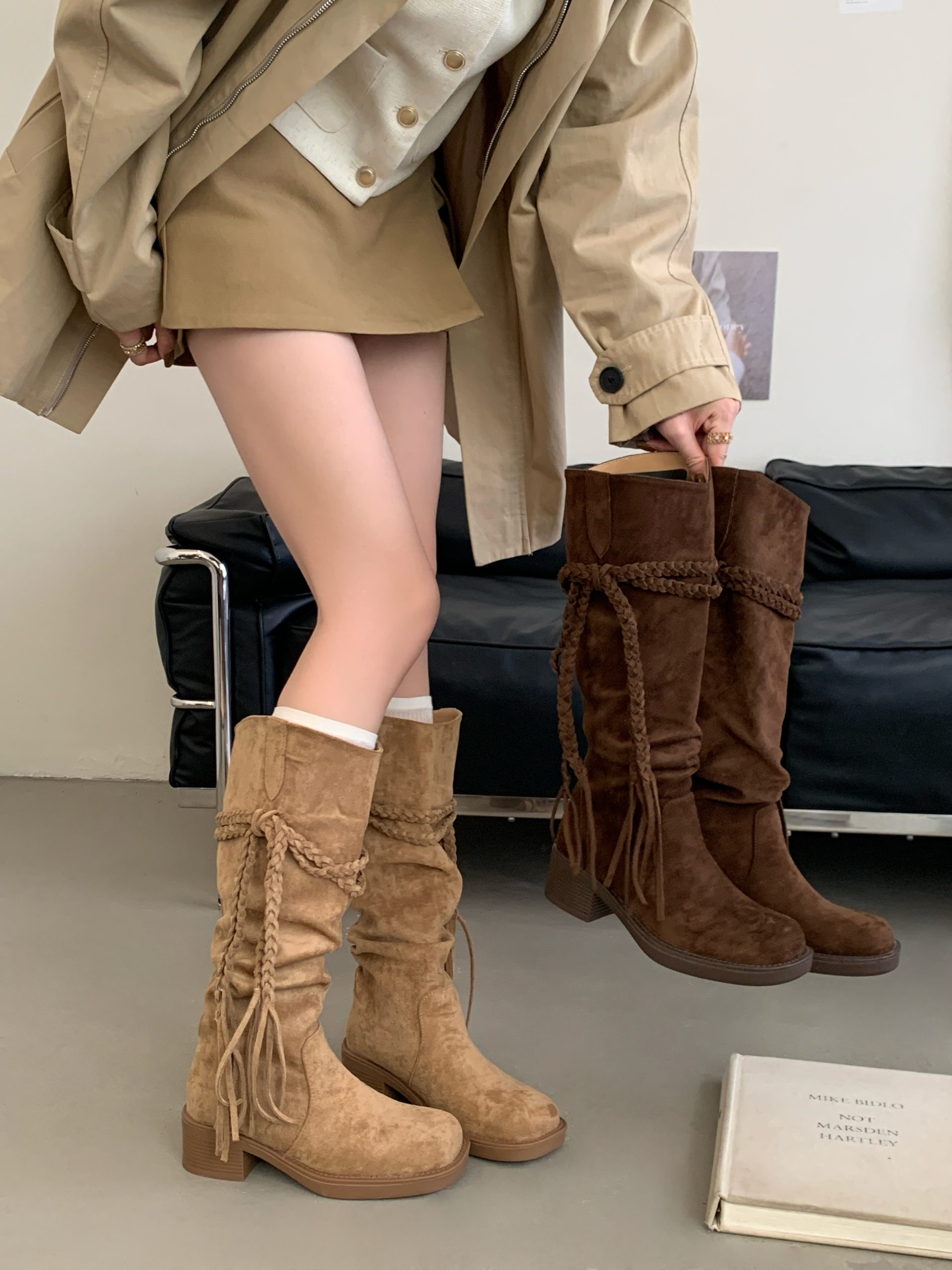 2025 New Retro Maillard High Heel Mid Calf Boots for Women Summer Wasteland Style Short Boots with Tassel Rope Suede
