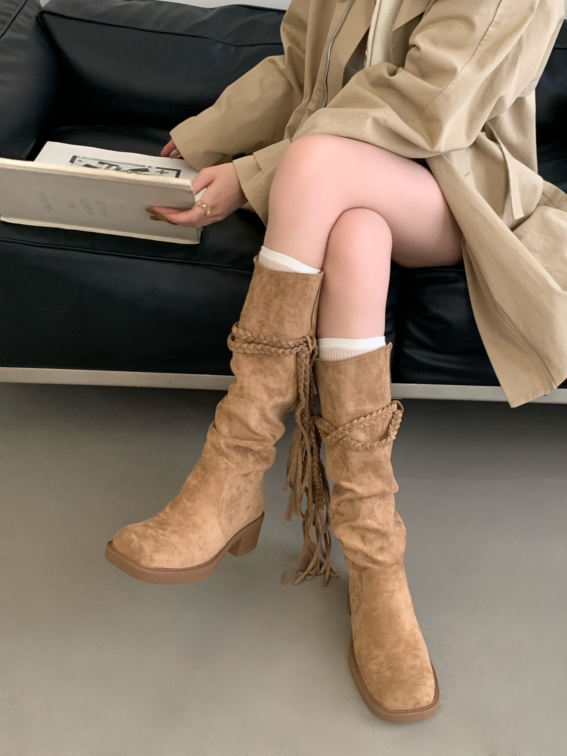 2025 New Retro Maillard High Heel Mid Calf Boots for Women Summer Wasteland Style Short Boots with Tassel Rope Suede - Image 4