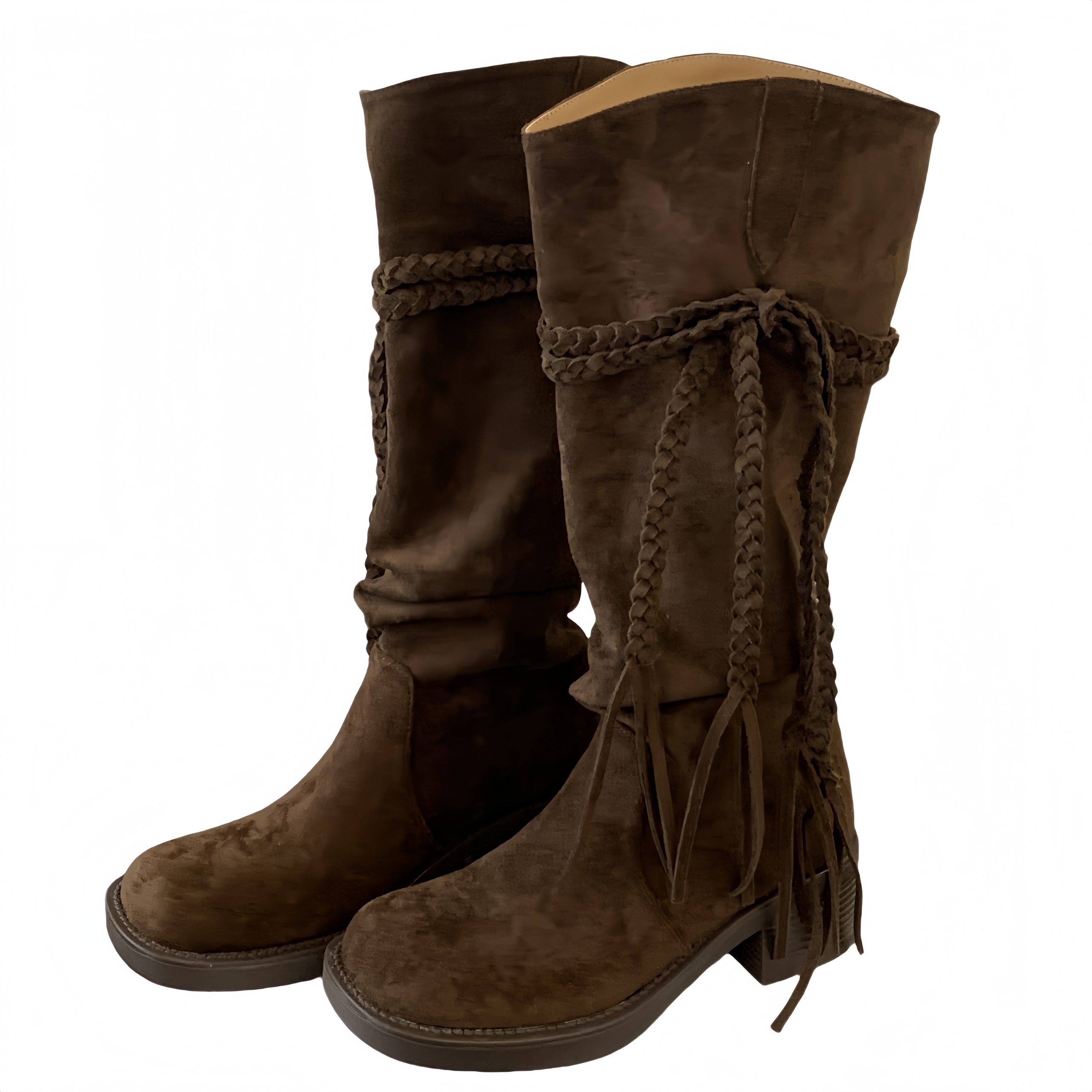 2025 New Retro Maillard High Heel Mid Calf Boots for Women Summer Wasteland Style Short Boots with Tassel Rope Suede - Image 5