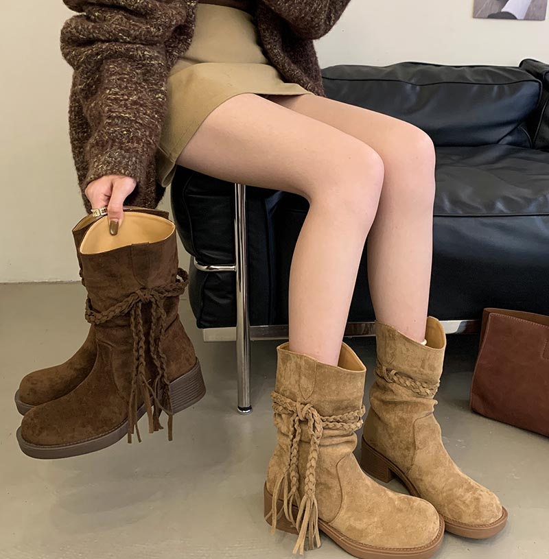 2025 New Retro Wasteland Style Fringe Knight Boots Low Heel Mid Calf Ankle Boots Women