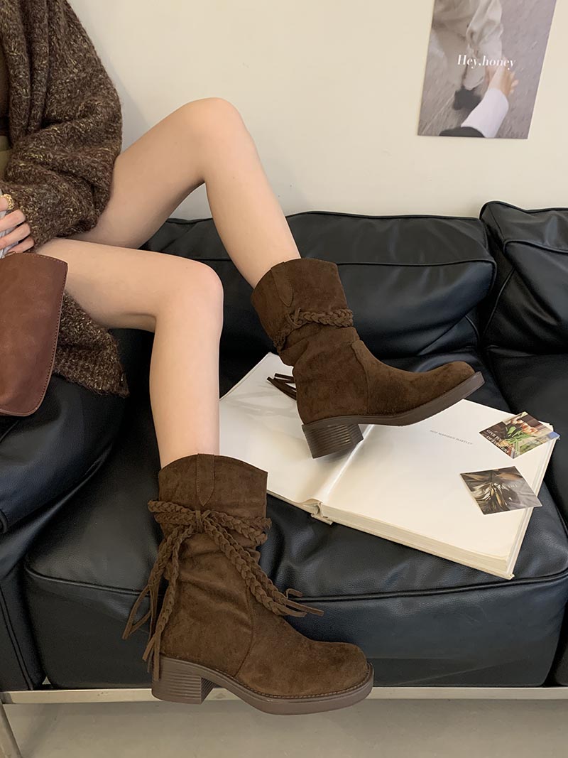 2025 New Retro Wasteland Style Fringe Knight Boots Low Heel Mid Calf Ankle Boots Women - Image 2