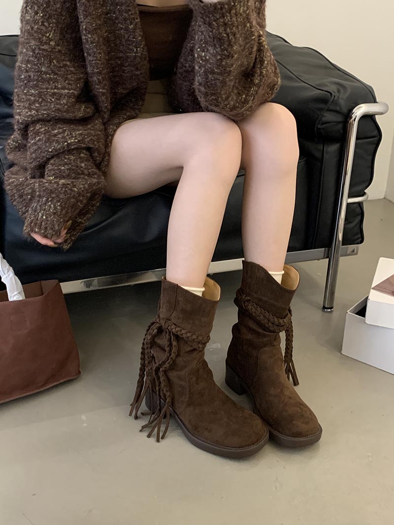 2025 New Retro Wasteland Style Fringe Knight Boots Low Heel Mid Calf Ankle Boots Women - Image 4