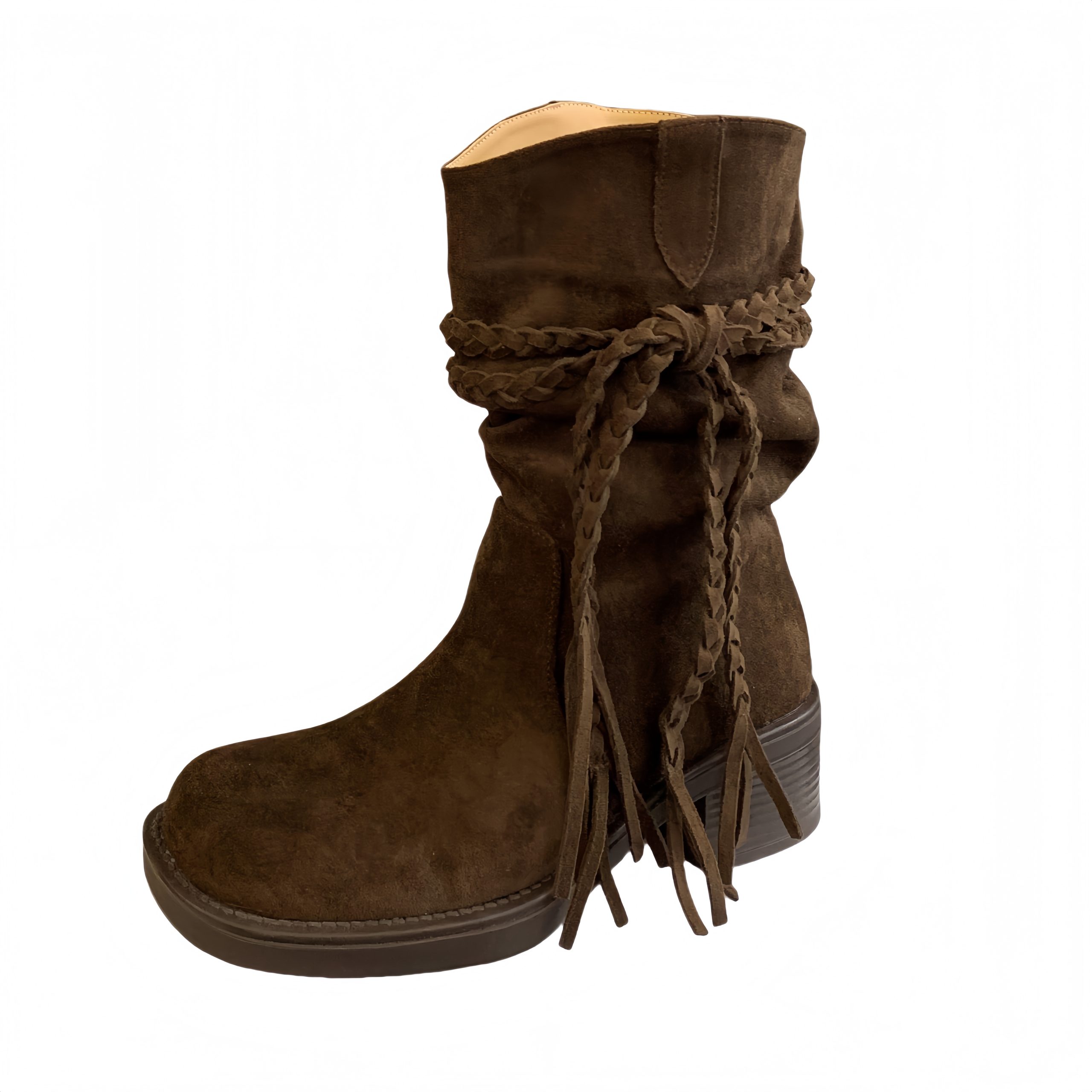 2025 New Retro Wasteland Style Fringe Knight Boots Low Heel Mid Calf Ankle Boots Women - Image 5