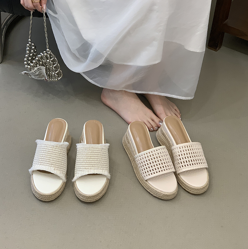2026 New Chunky Platform 7cm Wedge Sandals Women's Braided Woven Espadrille Slippers