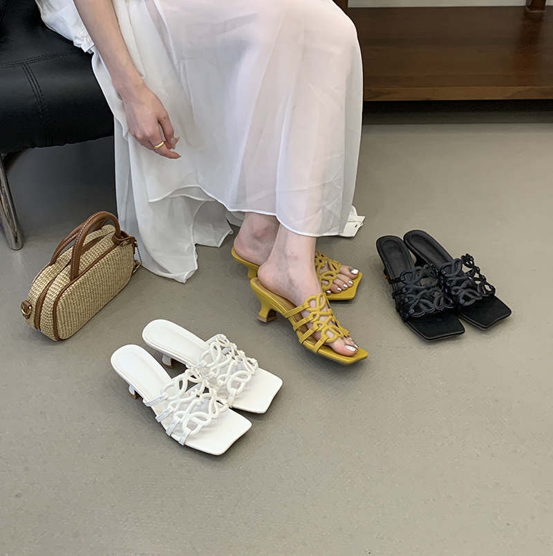 2026 New Summer Women's Square Toe Wedge Hollow Out Slippers High Heel Casual Versatile Peep Toe