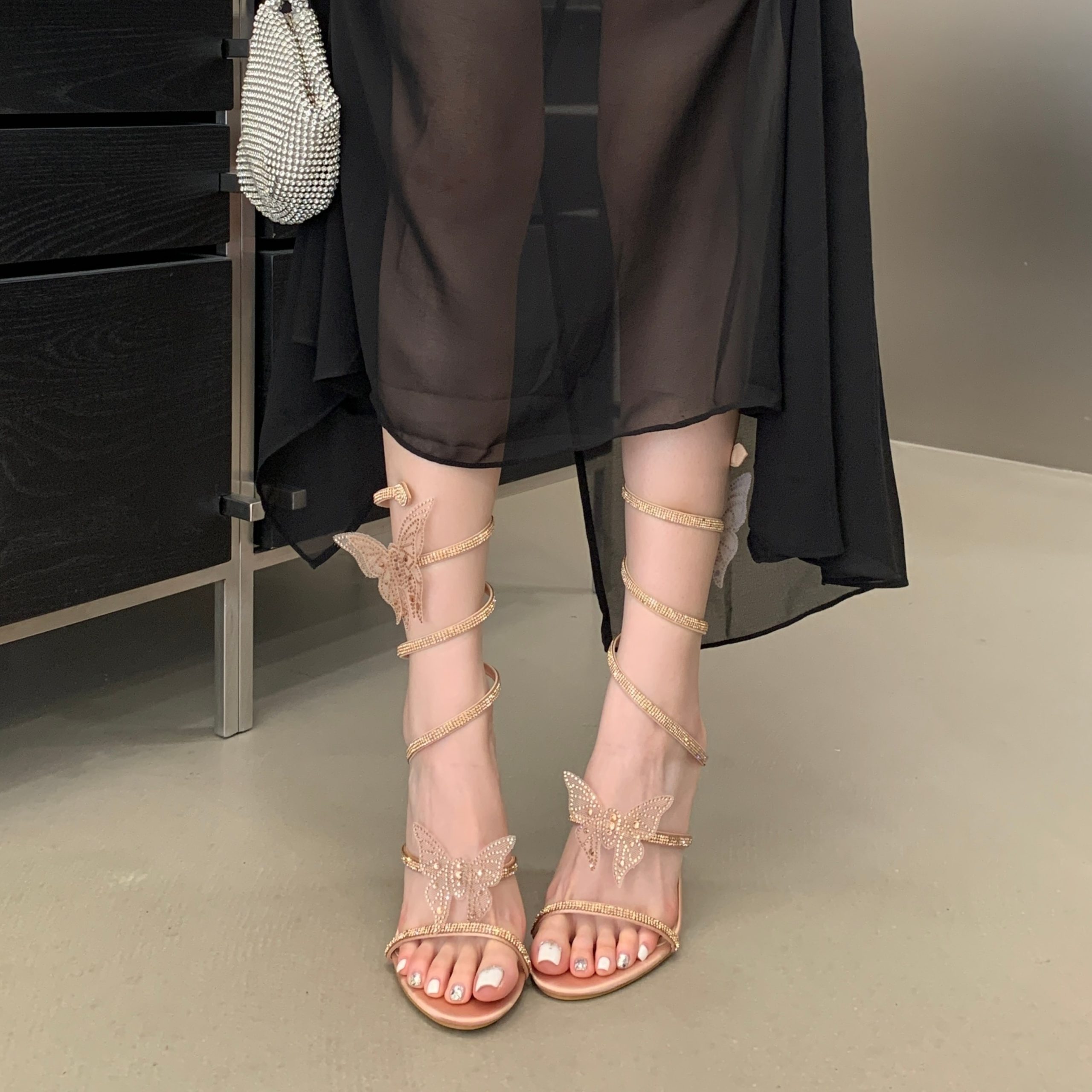 Rhinestone Butterfly Snake Wrapped High Heel Sandals Women 2026 New One-Strap Thin Heel Tied Banquet High Heels - Image 4