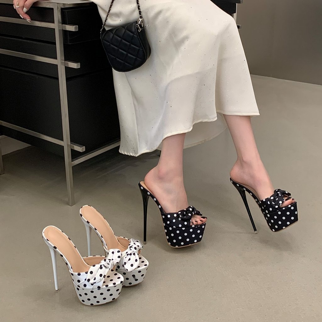 Vintage Polka Dot Bow Tie Sandals for Women 16cm Platform Thin Heel Nightclub Runway Open Toe High Heels