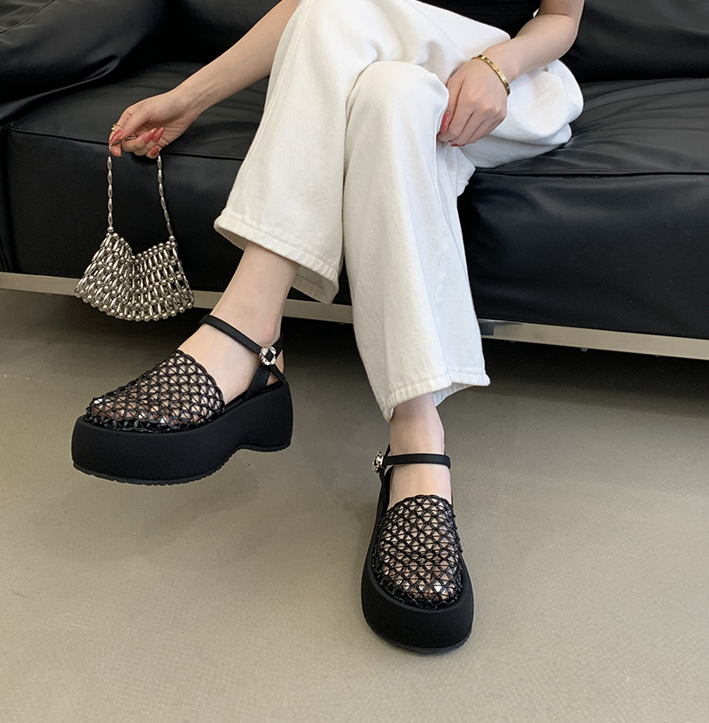 Zhuipin Chunky Sole Fishnet Woven Hollow Out 2026 New Style Platform One-Strap Ankle Strap Sandals - Image 2