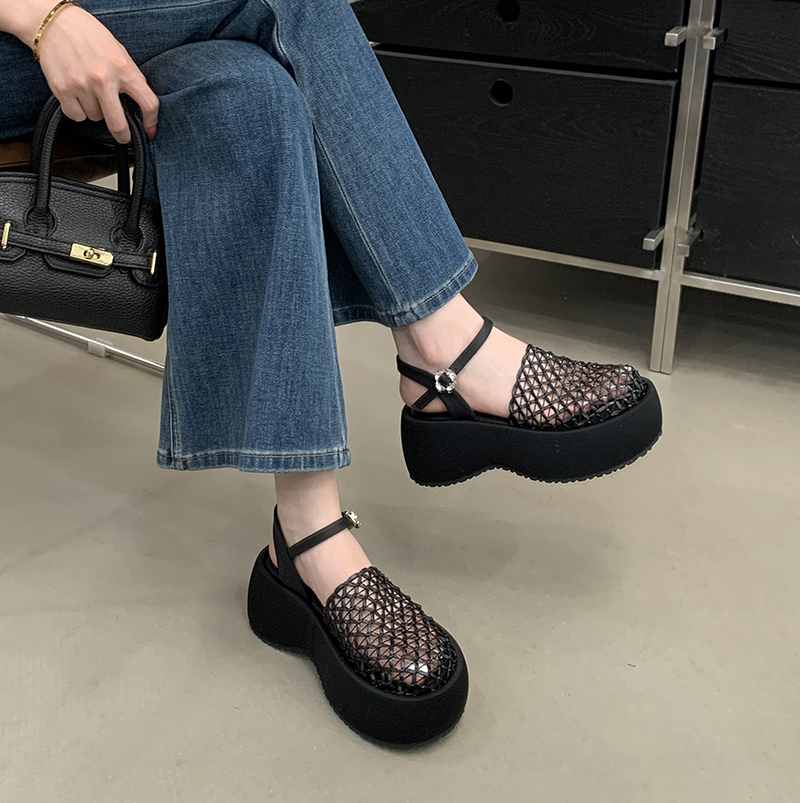 Zhuipin Chunky Sole Fishnet Woven Hollow Out 2026 New Style Platform One-Strap Ankle Strap Sandals - Image 3