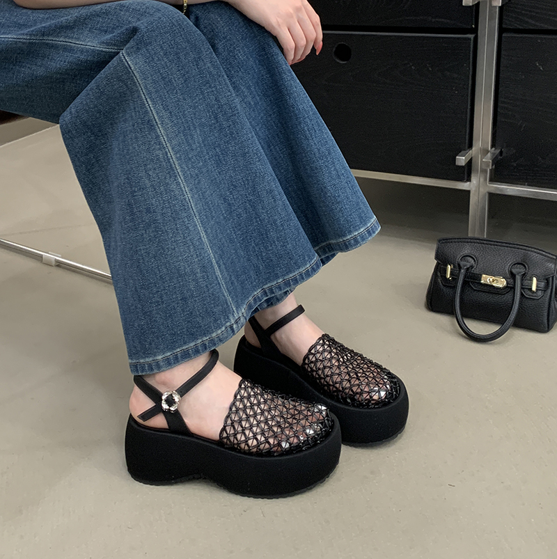 Zhuipin Chunky Sole Fishnet Woven Hollow Out 2026 New Style Platform One-Strap Ankle Strap Sandals - Image 4